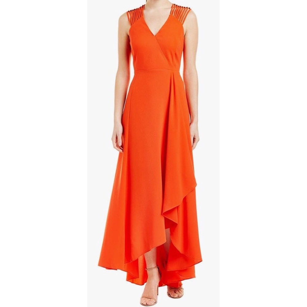 Halston Heritage NWT Grenadine Dress Multi Strap Sleeve V-Neck Gown Size 10